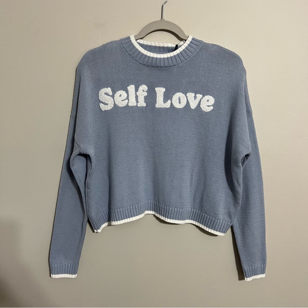 NWT Sincerely Jules Self Love Blue Cropped Knit Sweater size XS